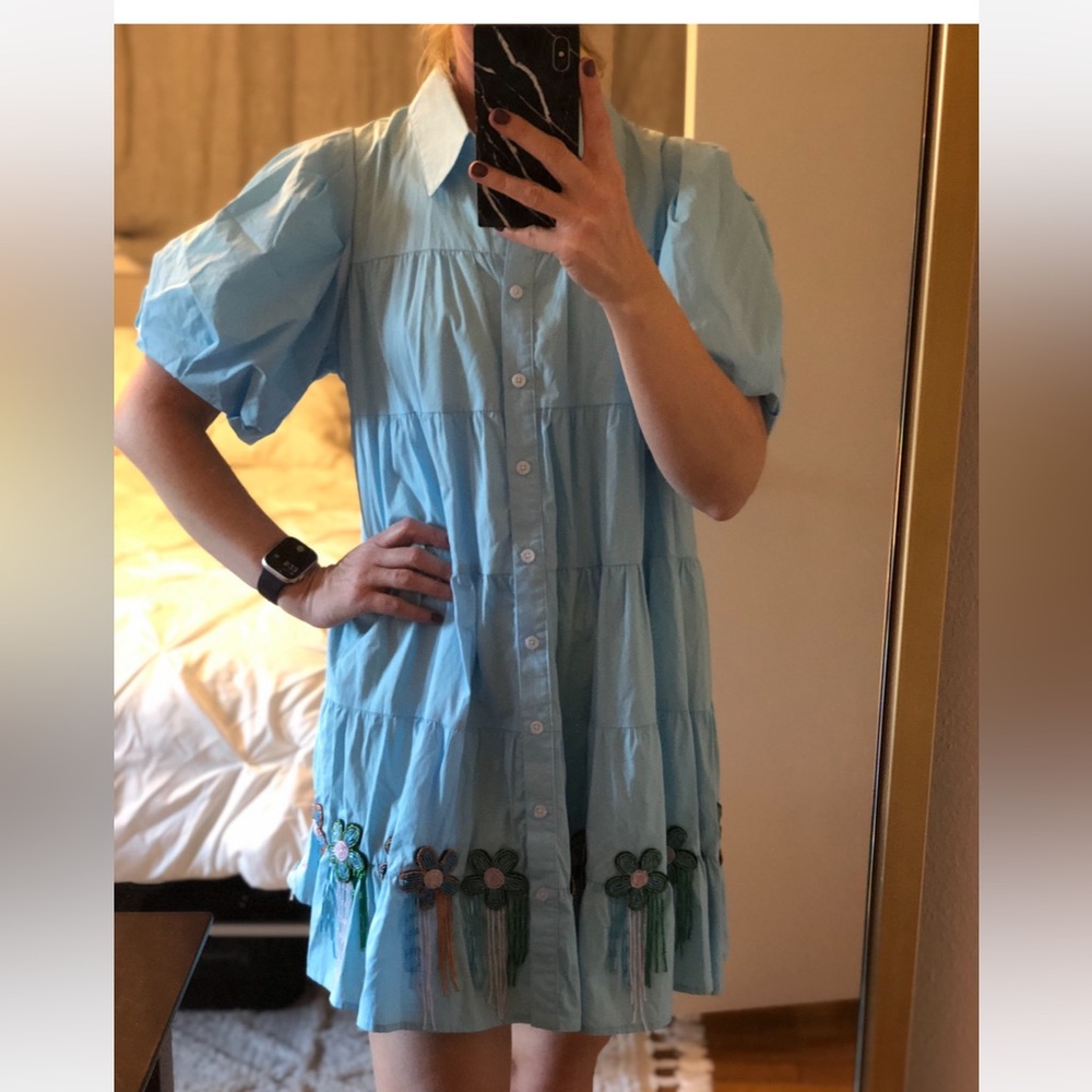 Queen of Sparkles Light Blue Dress with Beaded Flowers